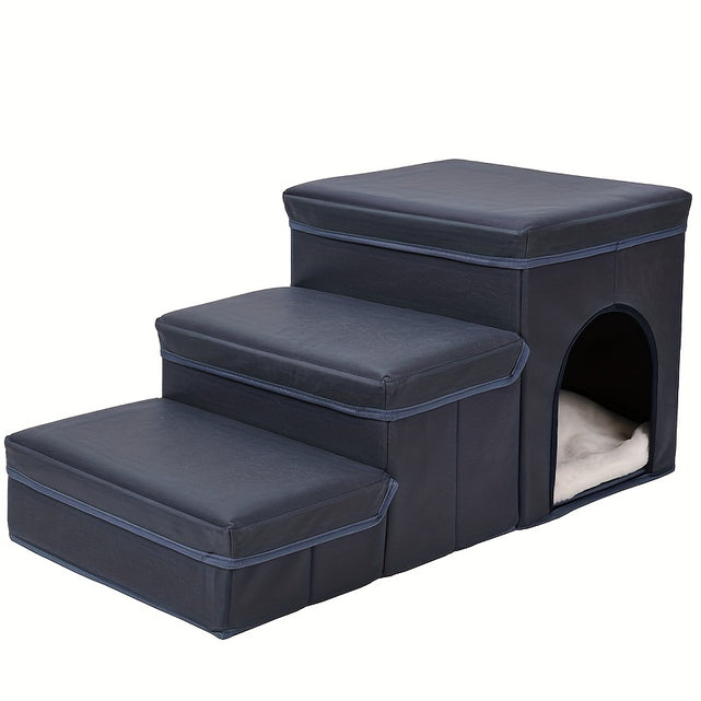Foldable Dog Stairs With Storage - 3-Level Small To Medium Dog Breed Ramp, Oxford Fabric, Suitable For High Beds And Sofas, Pet Ladder, Dog Stairs